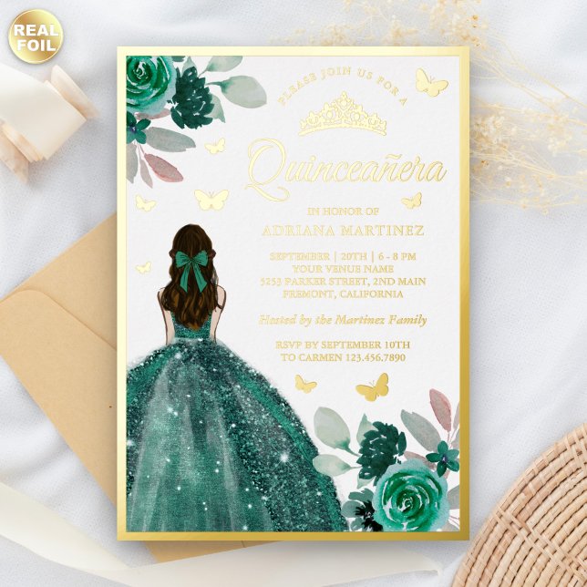 Emerald Green Dress Butterfly Quinceanera Gold Folieneinladung (Von Creator hochgeladen)
