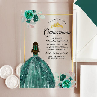 Emerald Green Dress Floral Gold Quinceanera Acryleinladungen