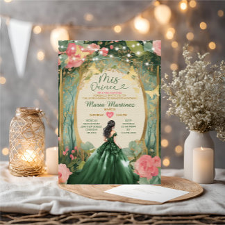 Emerald Green Dress Gold Floral Forest Mis Quince Einladung