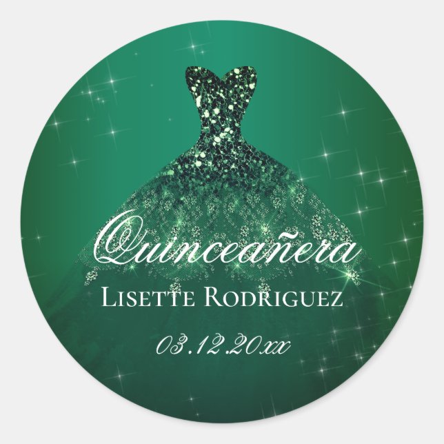 Emerald Green Dress Personalisiert Quinceanera Runder Aufkleber (Vorderseite)