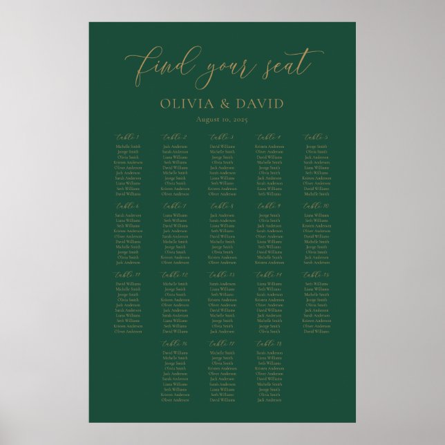 Emerald Green Elegant 18 Tische Seating Chart Poster (Vorne)