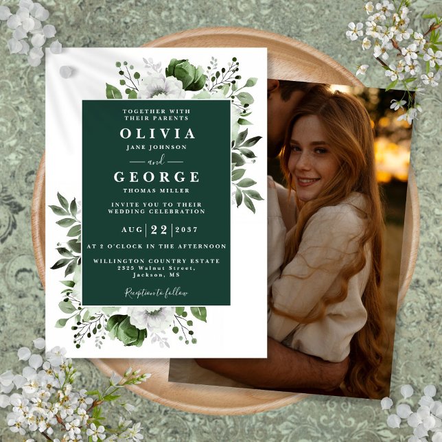 Emerald Green Elegant Floral Foto Wedding Einladung (Emerald Green Elegant Floral Photo Wedding Invitation)