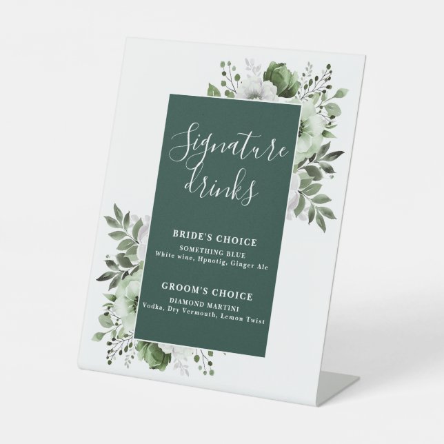 Emerald Green Elegant Floral Signature Drinks Sockelschild (Vorderseite)