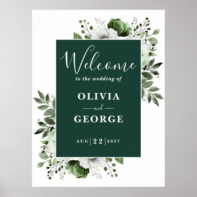 Emerald Green Elegant Floral Wedding Welcome Sign Poster (Vorne)