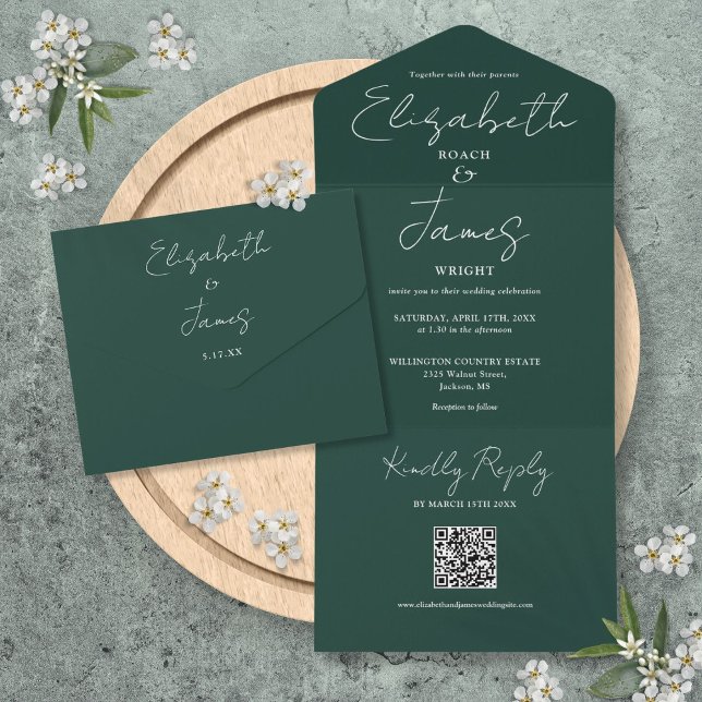 Emerald Green Elegant Script QR Code Hochzeit All In One Einladung (Emerald Green Elegant Script QR Code Wedding All In One Invitation)
