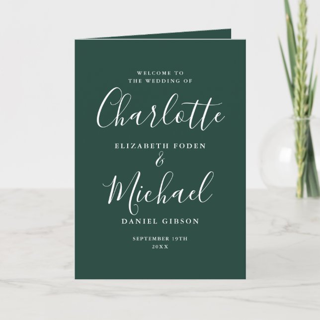 Emerald Green Elegant Signature Script Hochzeit Programm (Vorderseite)