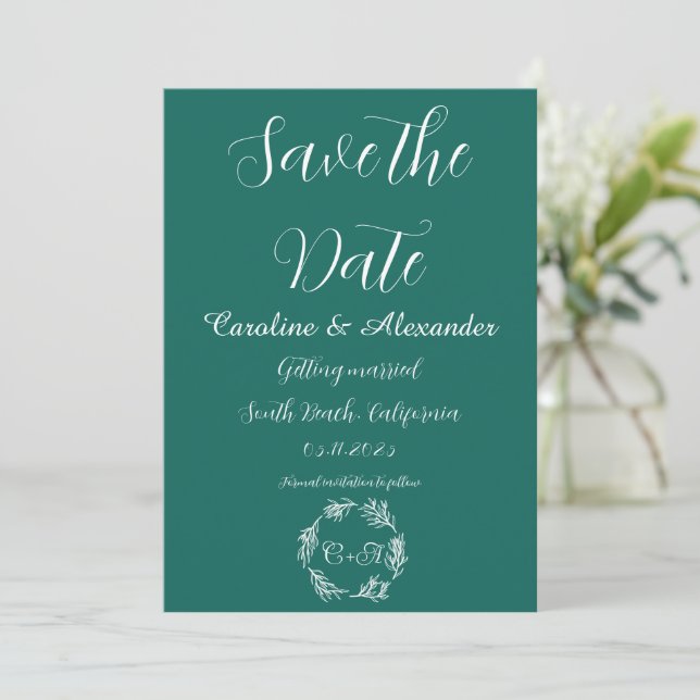 Emerald Green Elegant Simple Floral Wedding Save The Date (Stehend Vorderseite)