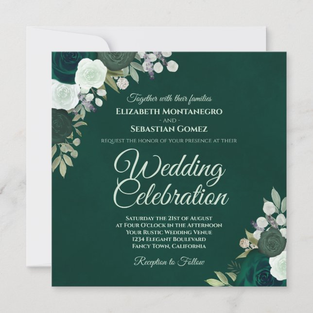Emerald Green Elegant Watercolor Rose Hochzeit Einladung (Vorderseite)