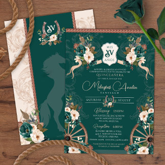Emerald Green Elegante Baroque Charra Quinceañera Einladung