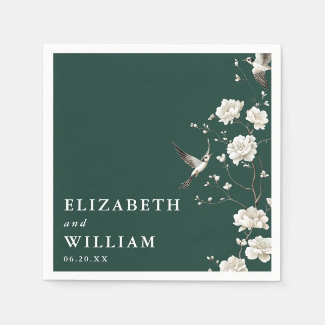 Emerald Green Elegante Chinoiserie Blumenzwiese Serviette (Vorderseite)