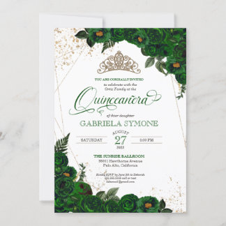 Emerald Green Elegante Rose Mis Quince Quinceanera Einladung