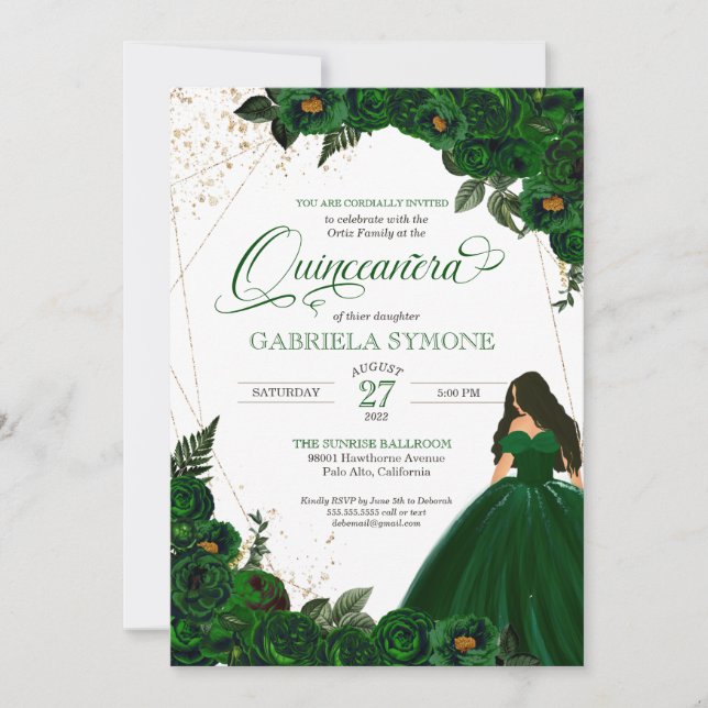 Emerald Green Elegante Rose und Gown 2 Quinceanera Einladung (Vorderseite)