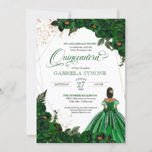Emerald Green Elegante Rose und Gown Quinceanera Einladung