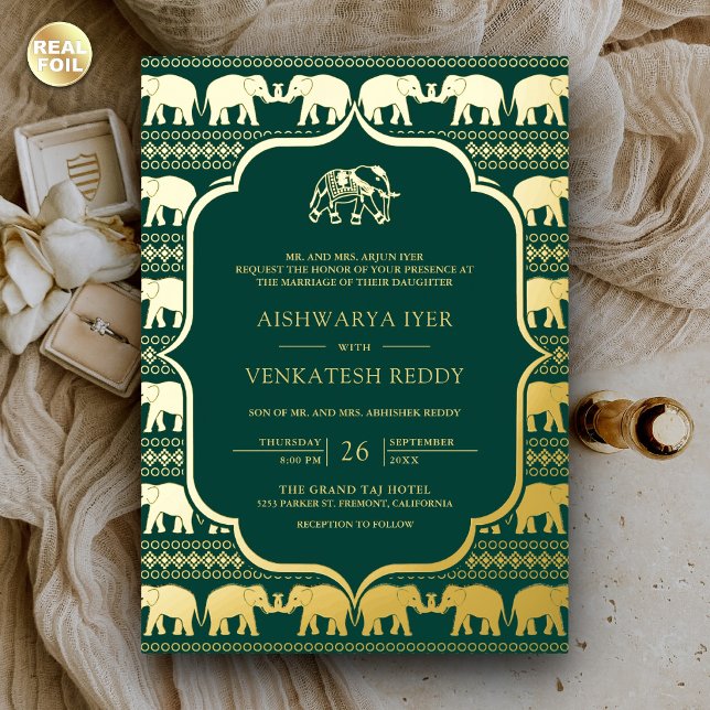 Emerald Green Elephant Indian Foto Wedding Gold Folieneinladung (Von Creator hochgeladen)