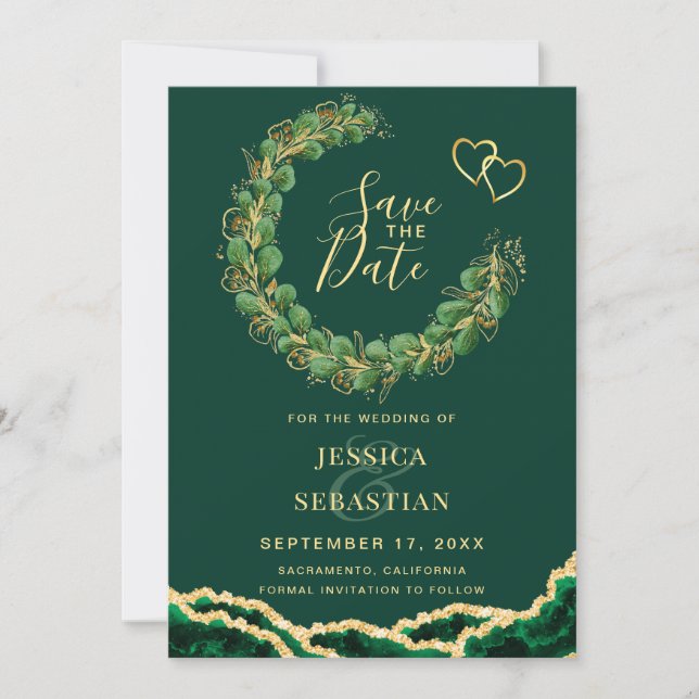 Emerald Green Eucalyptus Agate Foto Elegante Save The Date (Vorderseite)