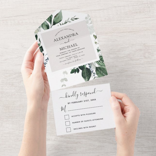 Emerald Green Eucalyptus Greenery Wedding RSVP All In One Einladung (Abreißen)