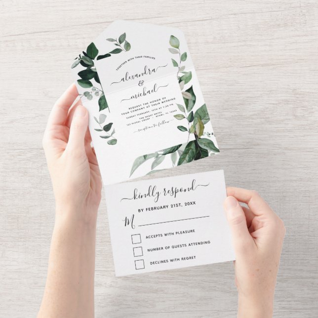 Emerald Green Eucalyptus Greenery Wedding RSVP All In One Einladung (Abreißen)