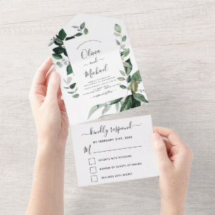 Emerald Green Eucalyptus Greenery Wedding RSVP All In One Einladung