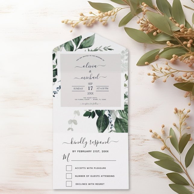 Emerald Green Eucalyptus Greenery Wedding RSVP All In One Einladung (Von Creator hochgeladen)