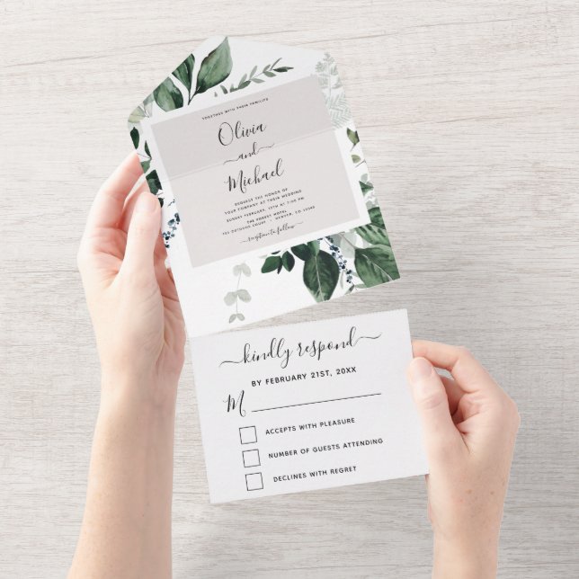 Emerald Green Eucalyptus Greenery Wedding RSVP All In One Einladung (Abreißen)