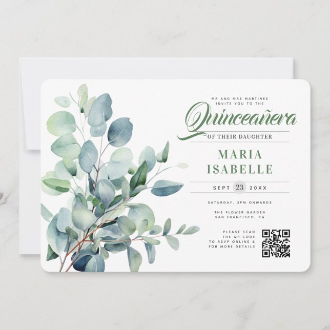 Emerald Green Eucalyptus Sage QR Code Quinceañera Einladung (Vorderseite)