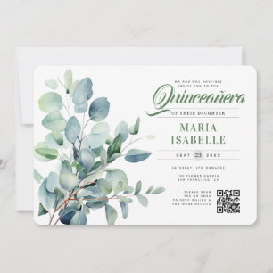 Emerald Green Eucalyptus Sage QR Code Quinceañera Einladung
