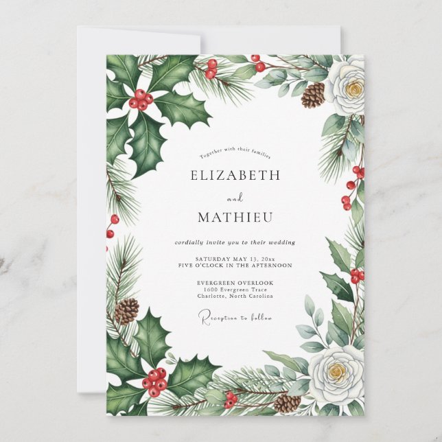 Emerald Green Evergreen Winter Wedding Einladung (Vorderseite)