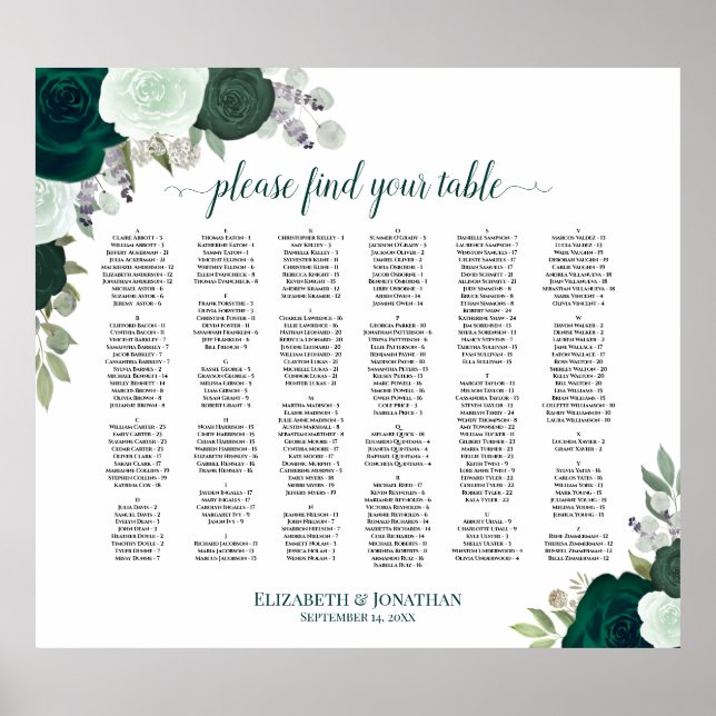 Emerald Green Floral Alphabeating Chart Poster (Vorne)