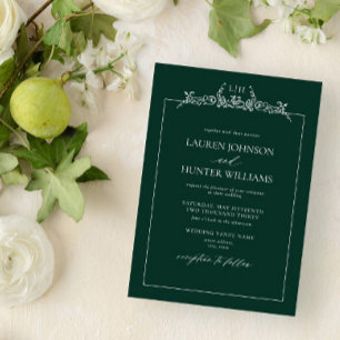 Emerald Green Floral Border Monogram Wedding Einladung