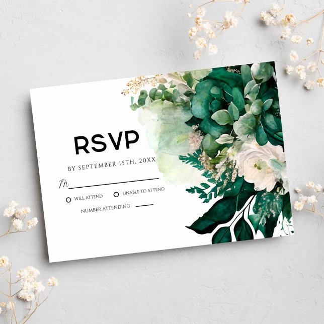 Emerald Green Floral Botanical Wedding RSVP Karte (Emerald Green Floral Botanical Wedding RSVP Card)