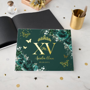 Emerald Green Floral Butterfells Gold Quinceañera Gästebuch