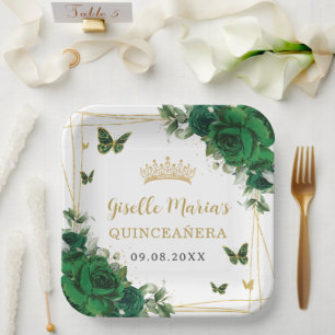 Emerald Green Floral Butterfells Quinceañera Pappteller