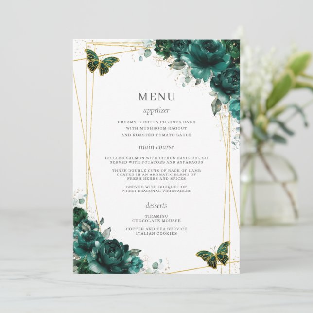 Emerald Green Floral Butterfells Quinceanera Programm (Stehend Vorderseite)