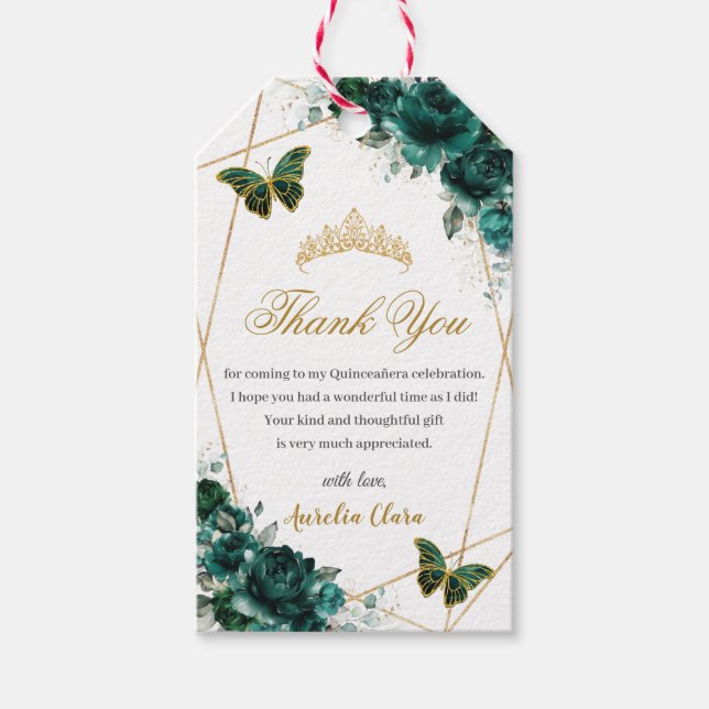 Emerald Green Floral Butterfliegen Quince Birthday Geschenkanhänger (Vorderseite)