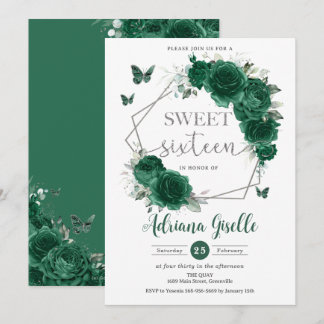 Emerald Green Floral Butterflies Sweet 16 Birthday Einladung