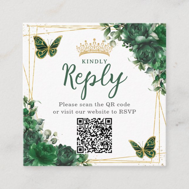 Emerald Green Floral Butterfly Quinceanera QR Code Begleitkarte (Vorderseite)
