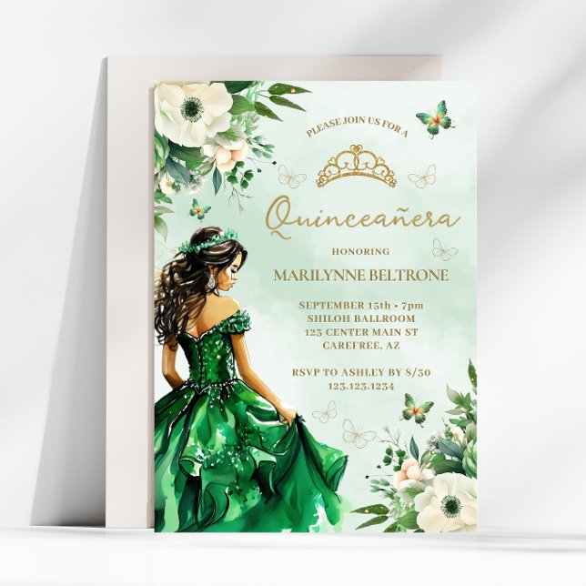 Emerald Green Floral Dress Butterfly Quinceañera Einladung (Von Creator hochgeladen)