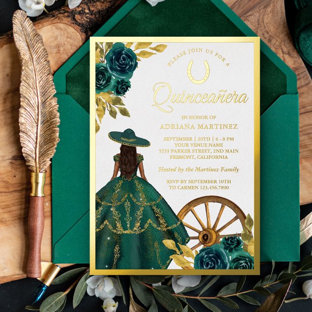 Emerald Green Floral Dress Charro Quinceanera Gold Folieneinladung (Von Creator hochgeladen)