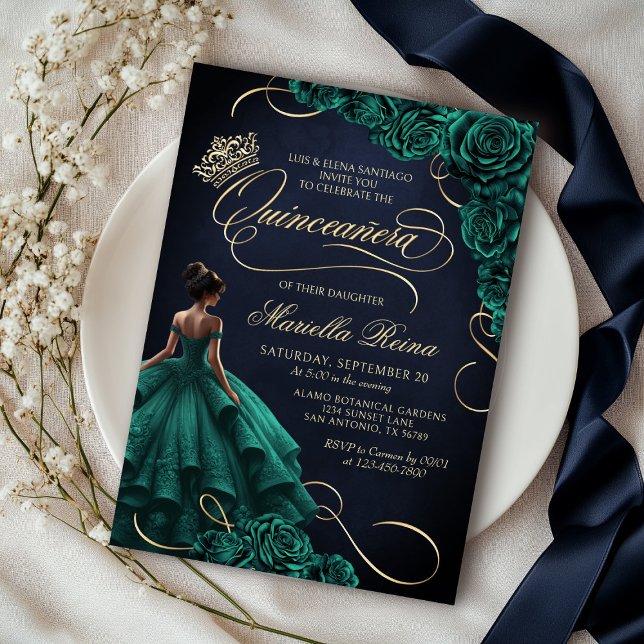 Emerald Green Floral Dress Quinceañera Einladung (Von Creator hochgeladen)