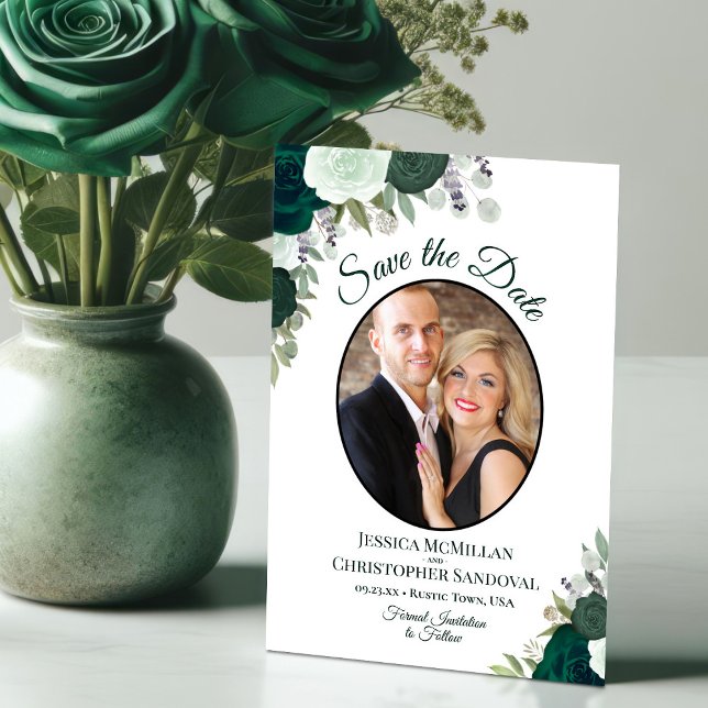 Emerald Green Floral Elegant Boho Wedding Foto Save The Date (Von Creator hochgeladen)
