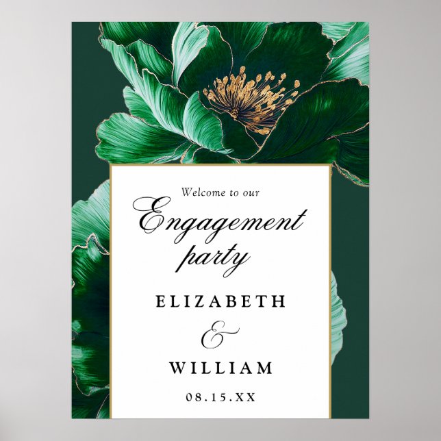 Emerald Green Floral Engagement Party Begrüßungsun Poster (Vorne)