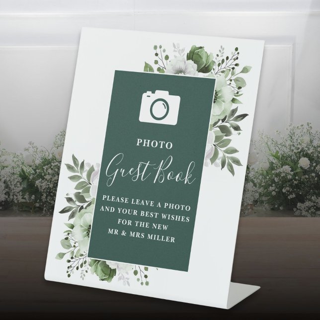 Emerald Green Floral Foto Guest Book Wedding Sockelschild (Emerald Green Floral Photo Guest Book Wedding Pedestal Sign)