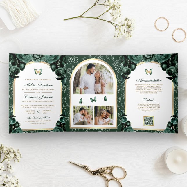 Emerald Green Floral Gold Arch Butterfly Hochzeit Dreifach Gefaltete Einladung (Von Creator hochgeladen)