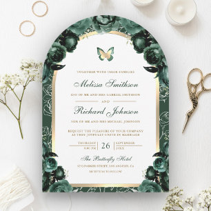 Emerald Green Floral Gold Arch Butterfly Hochzeit Einladung