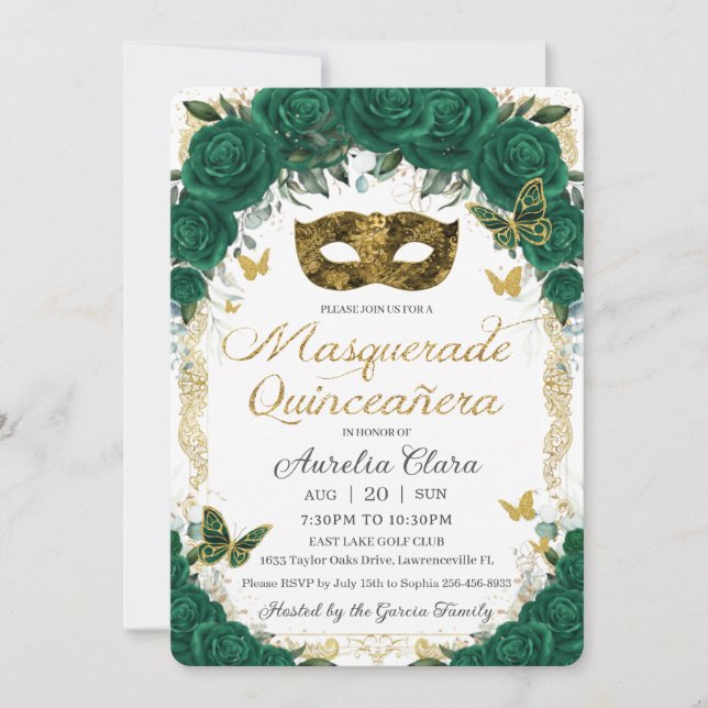 Emerald Green Floral Gold Masquerade Quinceañera Einladung (Vorderseite)
