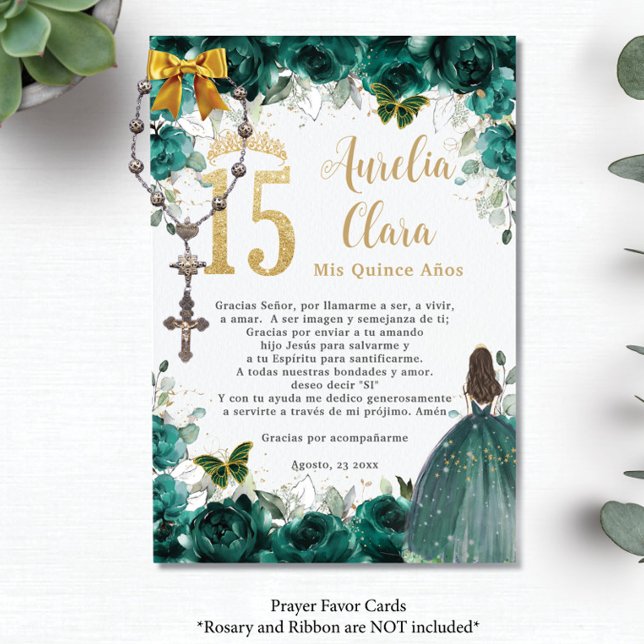 Emerald Green Floral Gold Quinceañera Gebet Card Begleitkarte (Von Creator hochgeladen)