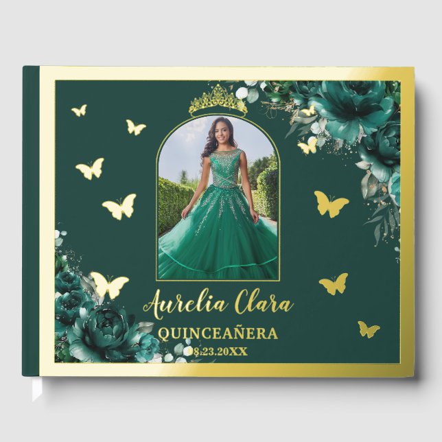 Emerald Green Floral Gold Quinceñera Quince Foto Gästebuch (Vorderseite)