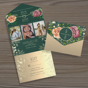 Emerald Green Floral Jewel Tone Wedding All In One Einladung