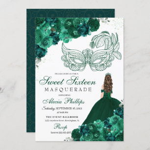 Emerald Green Floral Masquerade Sweet 16 Einladung