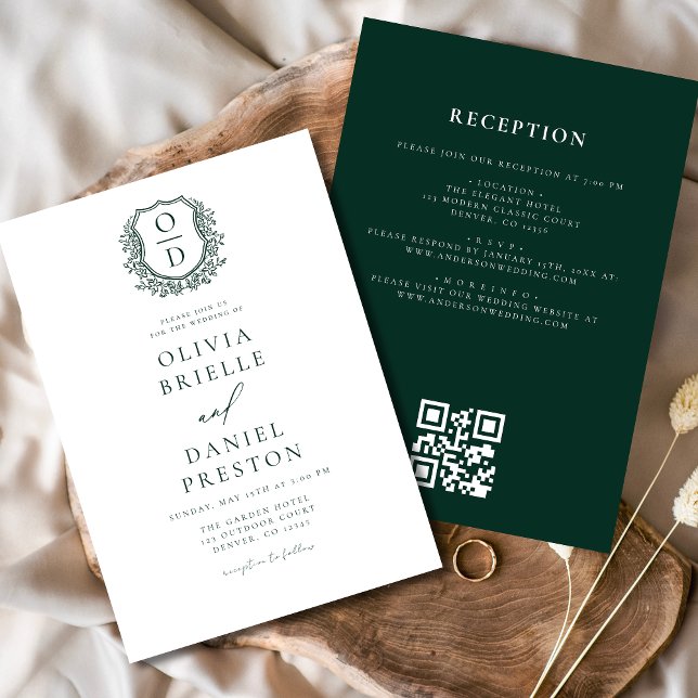 Emerald Green Floral Monogram Wedding QR Code Einladung (Von Creator hochgeladen)